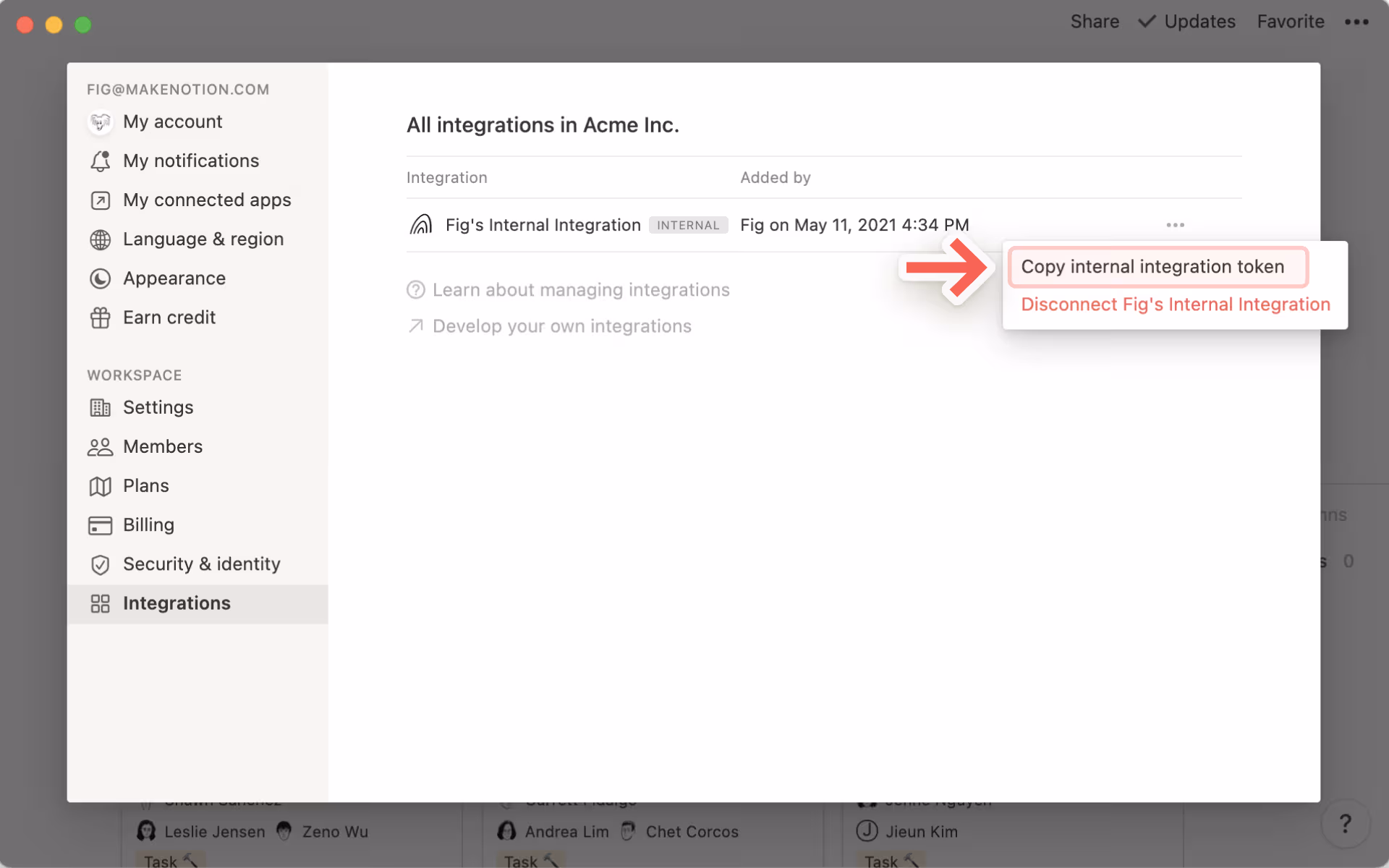 Add & manage integrations - internal integration token