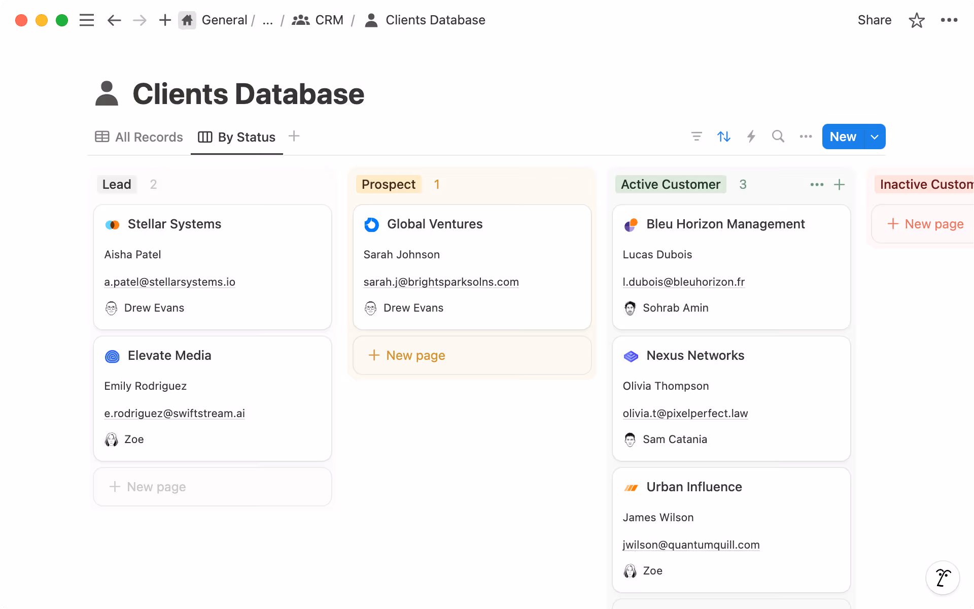 Build a table that captures contact details, lead status, and source for each client.