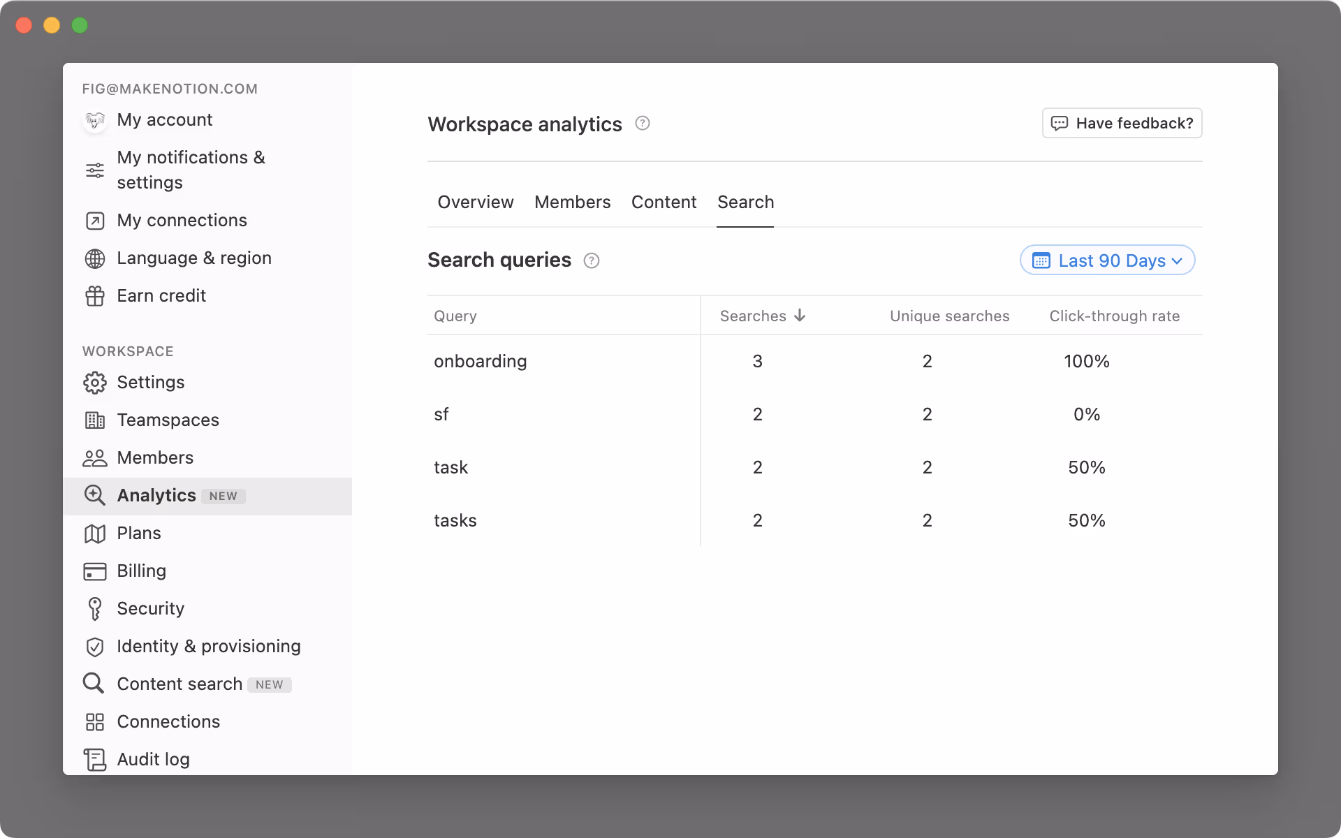 workspace analytics search tab