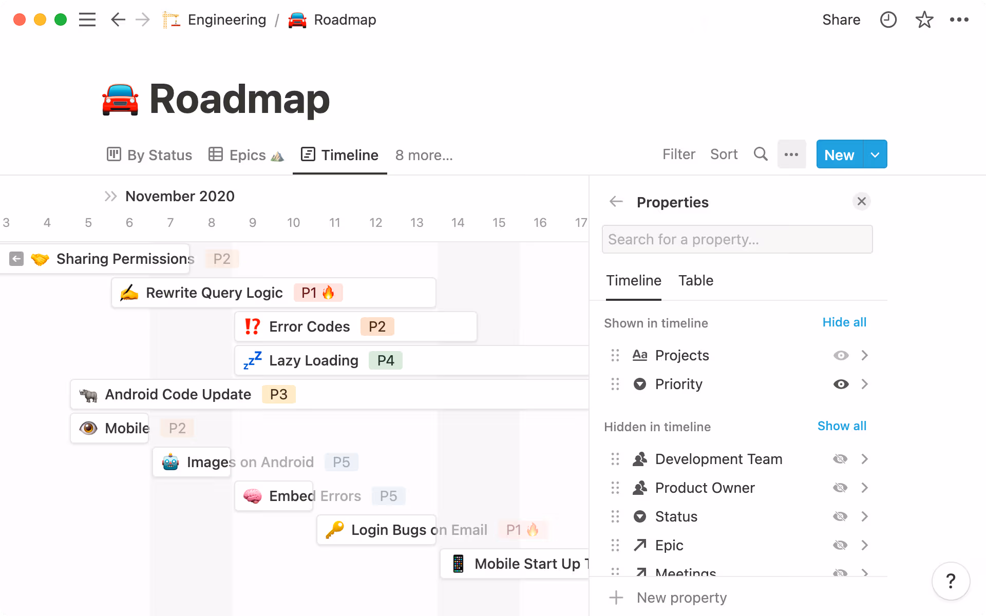 You can customize which properties are displayed on your timeline view.