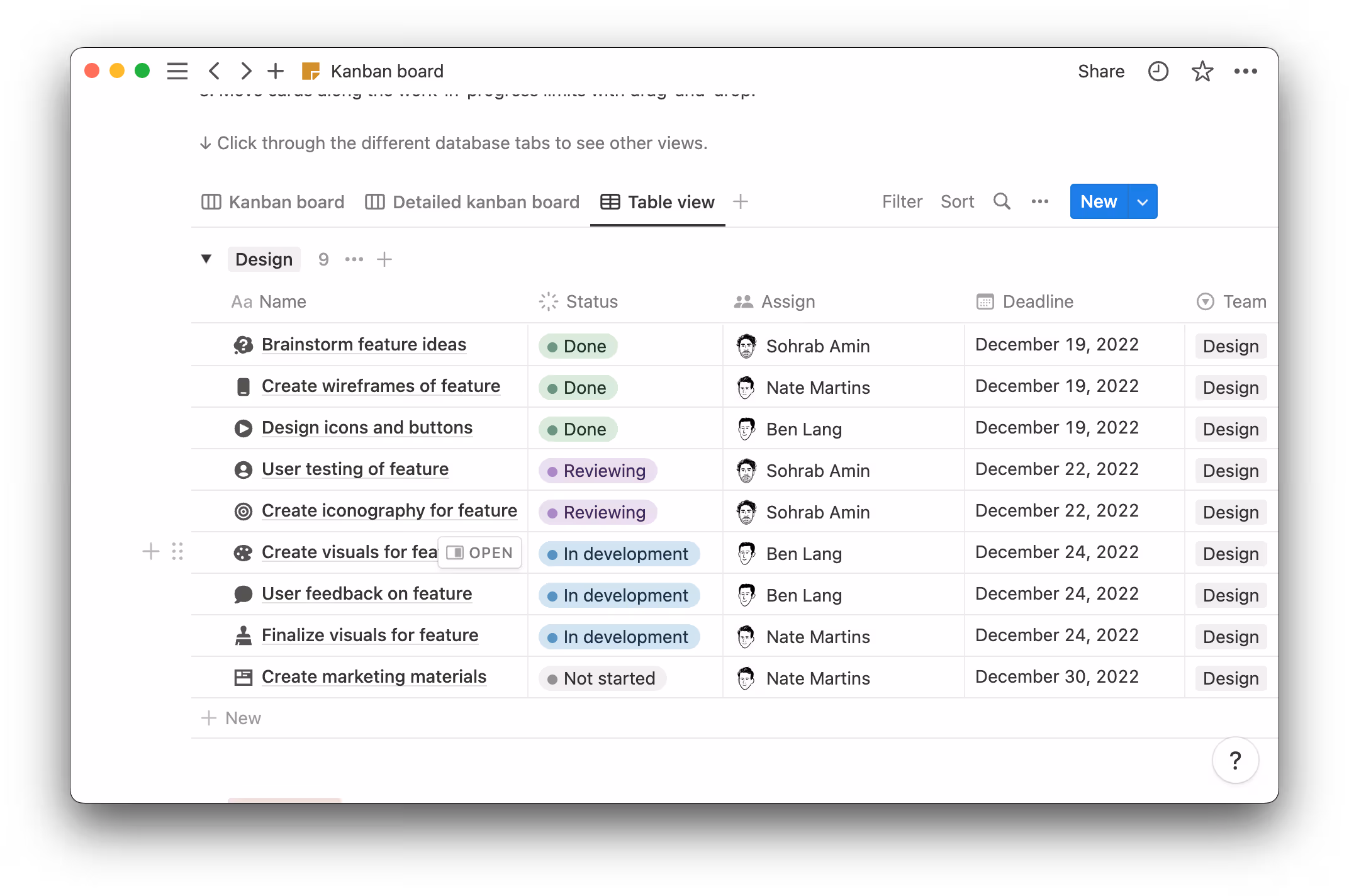 Kanban board table view