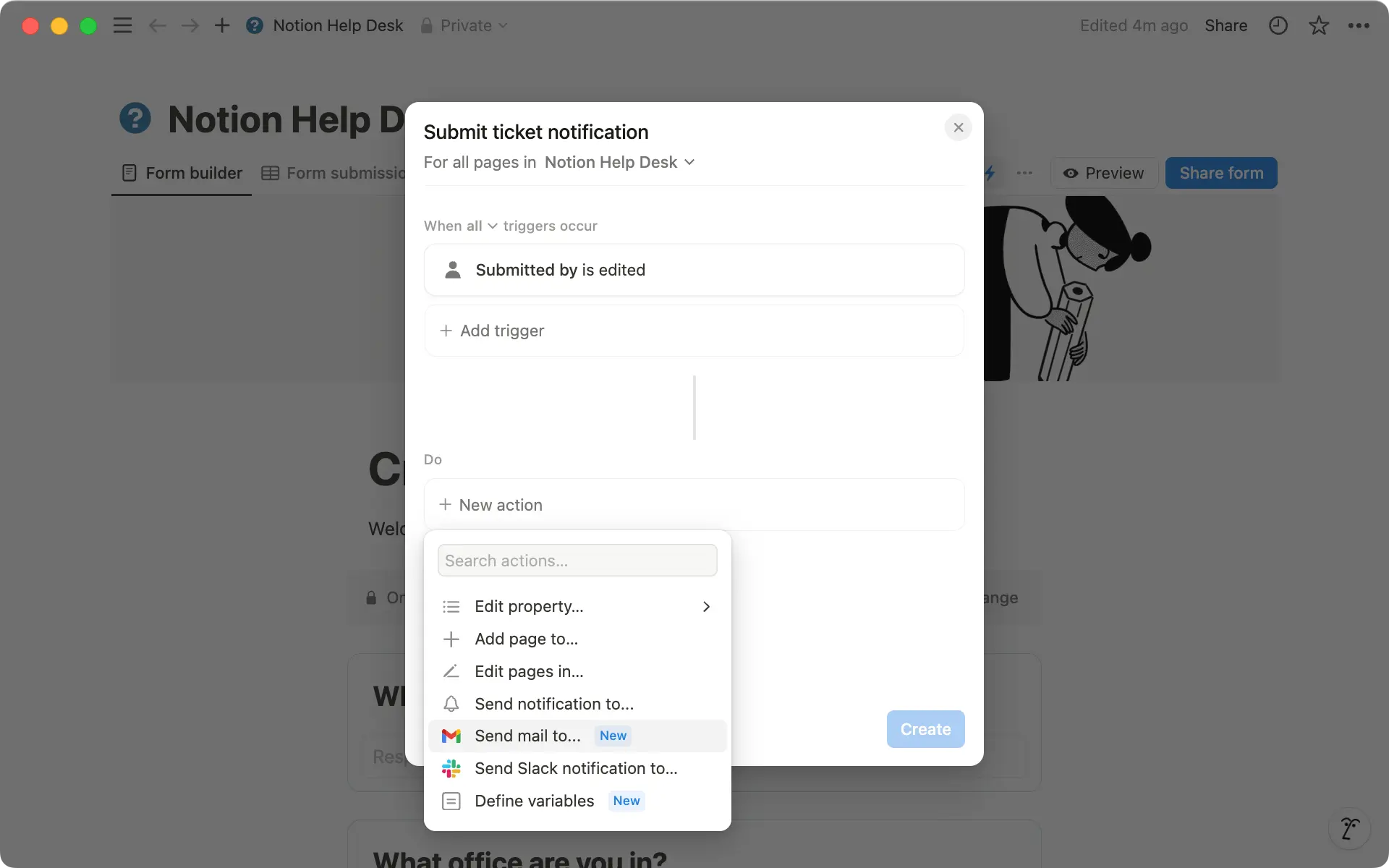 Choose between Slack or Gmail in the action section of your automation to send custom notifications.