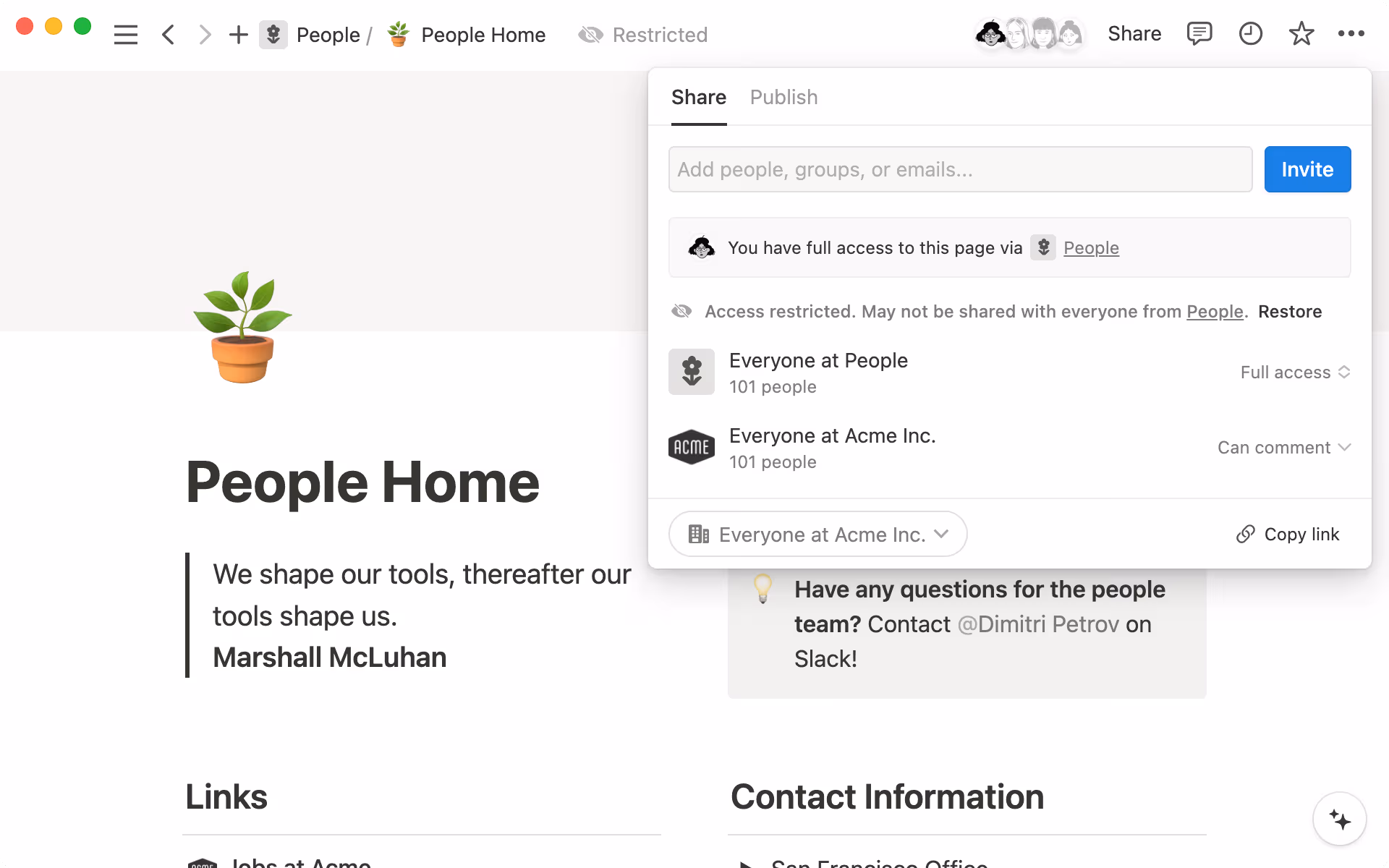 Notice here how the whole company can view this page, but only HR can edit it.