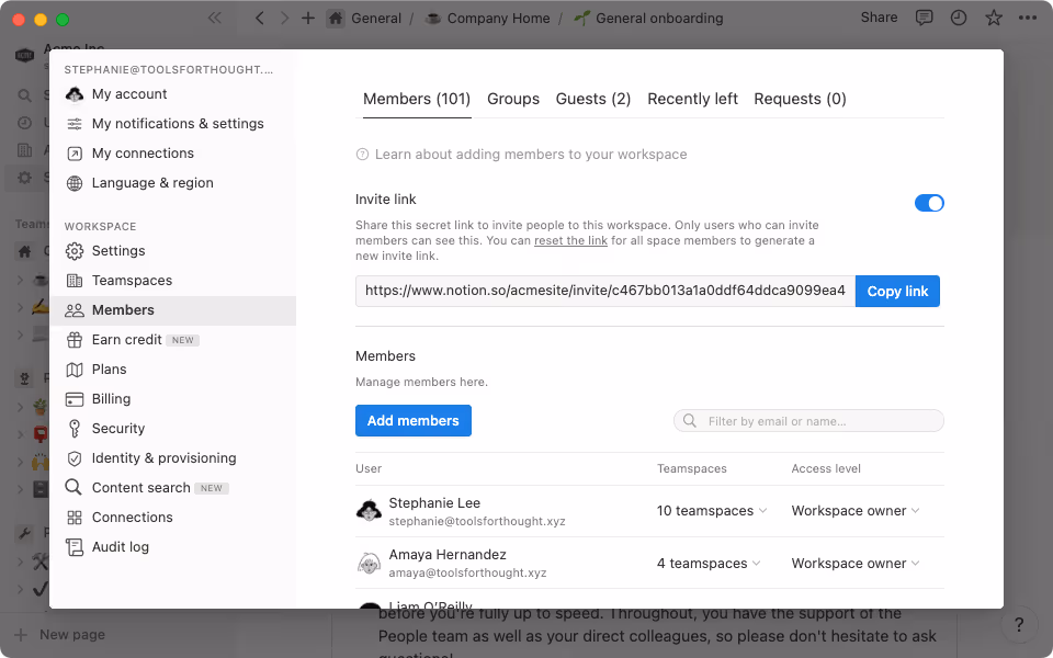 The Settings panel gives you access to in-depth workspace settings to customize Notion for your needs.