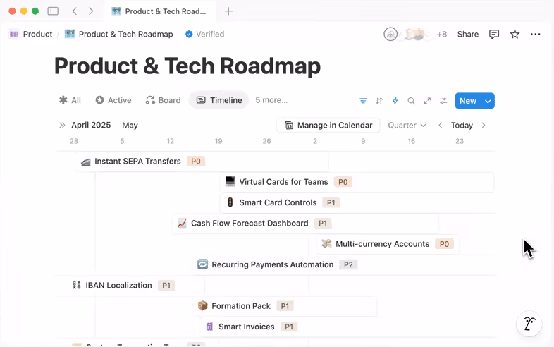 Qonto’s Product & Tech Roadmap, which uses Notion’s product databases