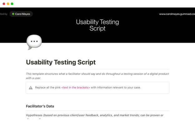 usability testing script template