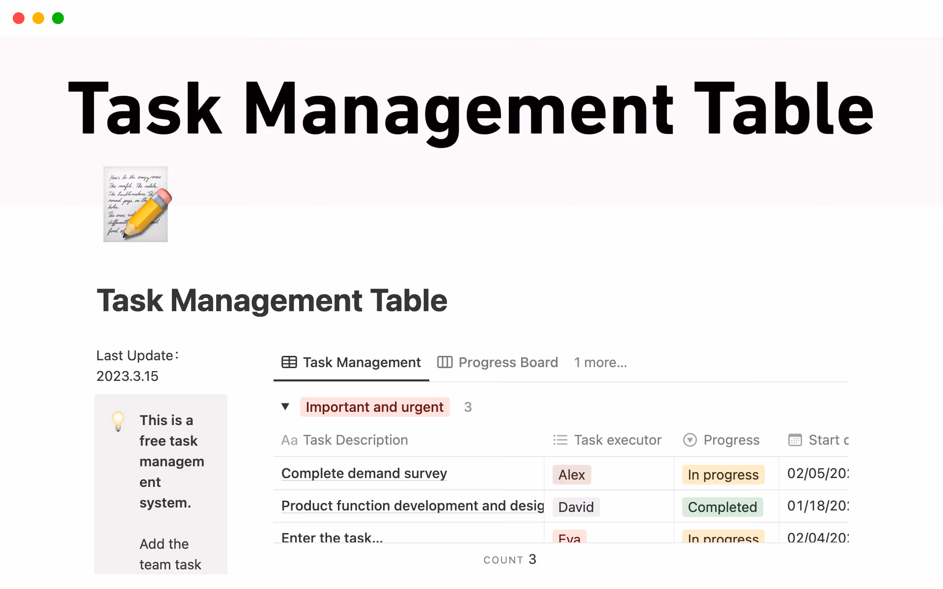 Task management table template