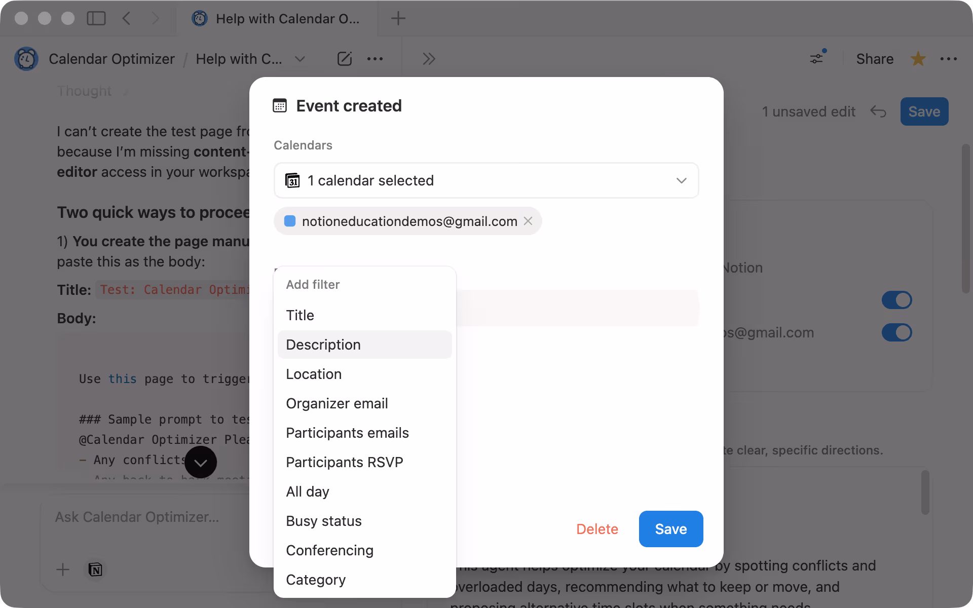 Calendar agent filters