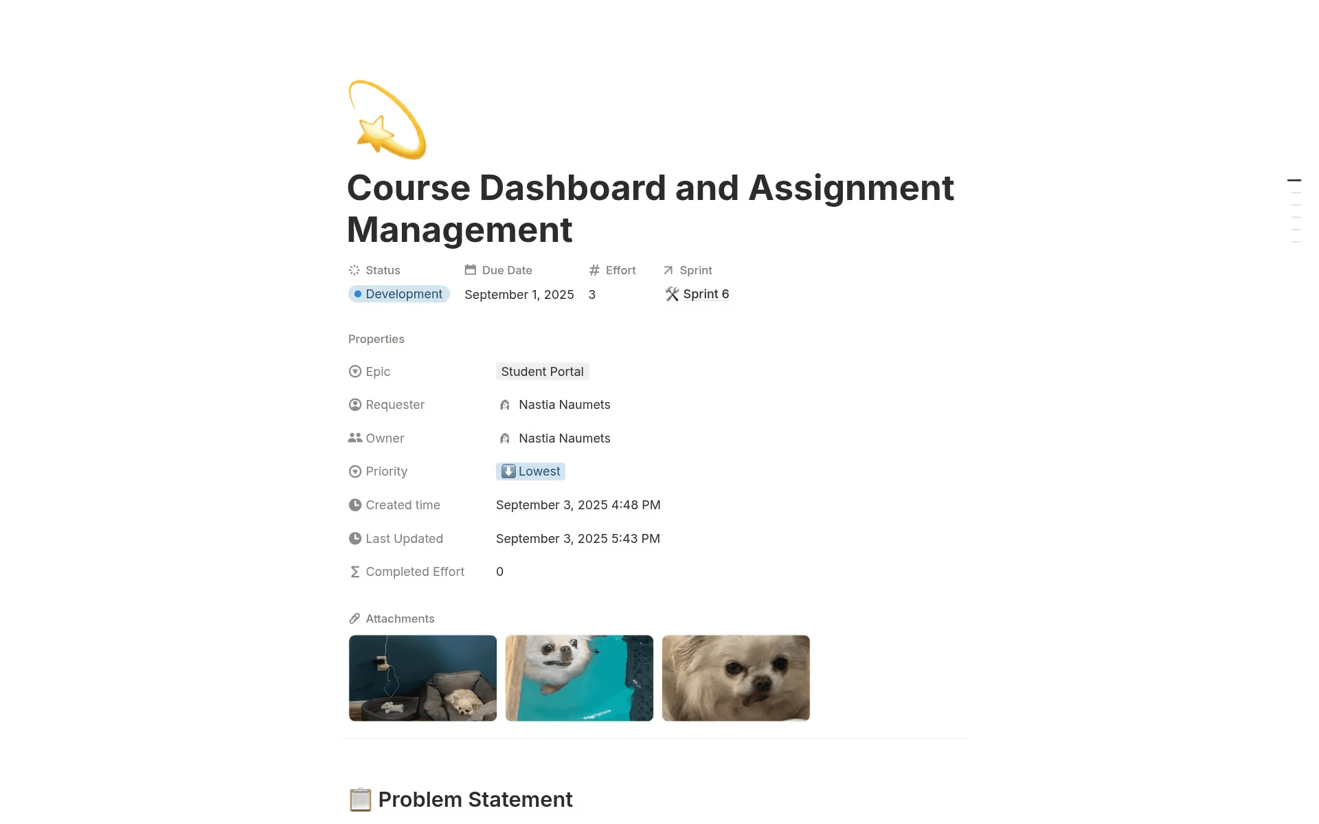 Notion’s dev sprint template, showing inside a task with connected information and assets