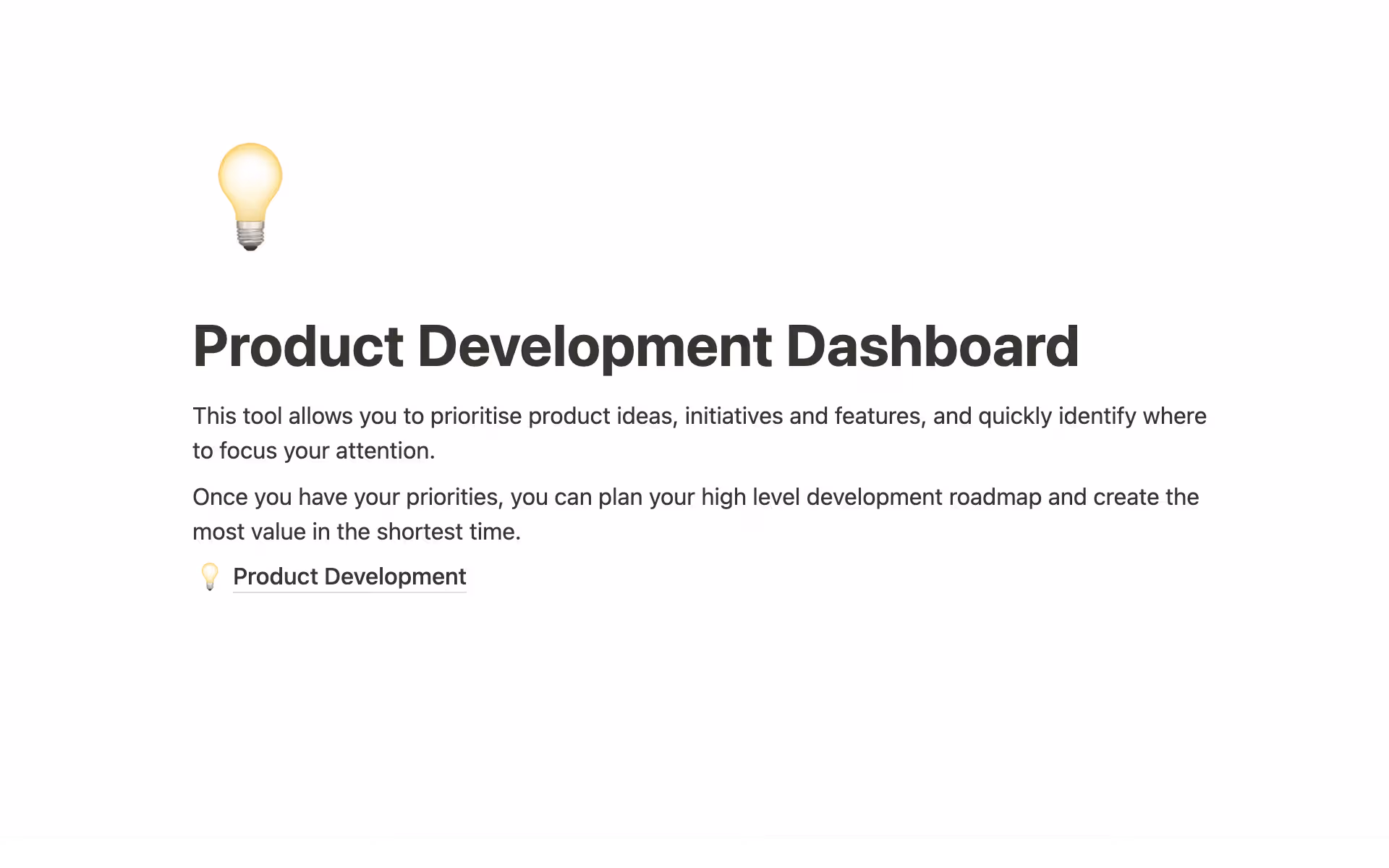 Notion product development dashboard template
