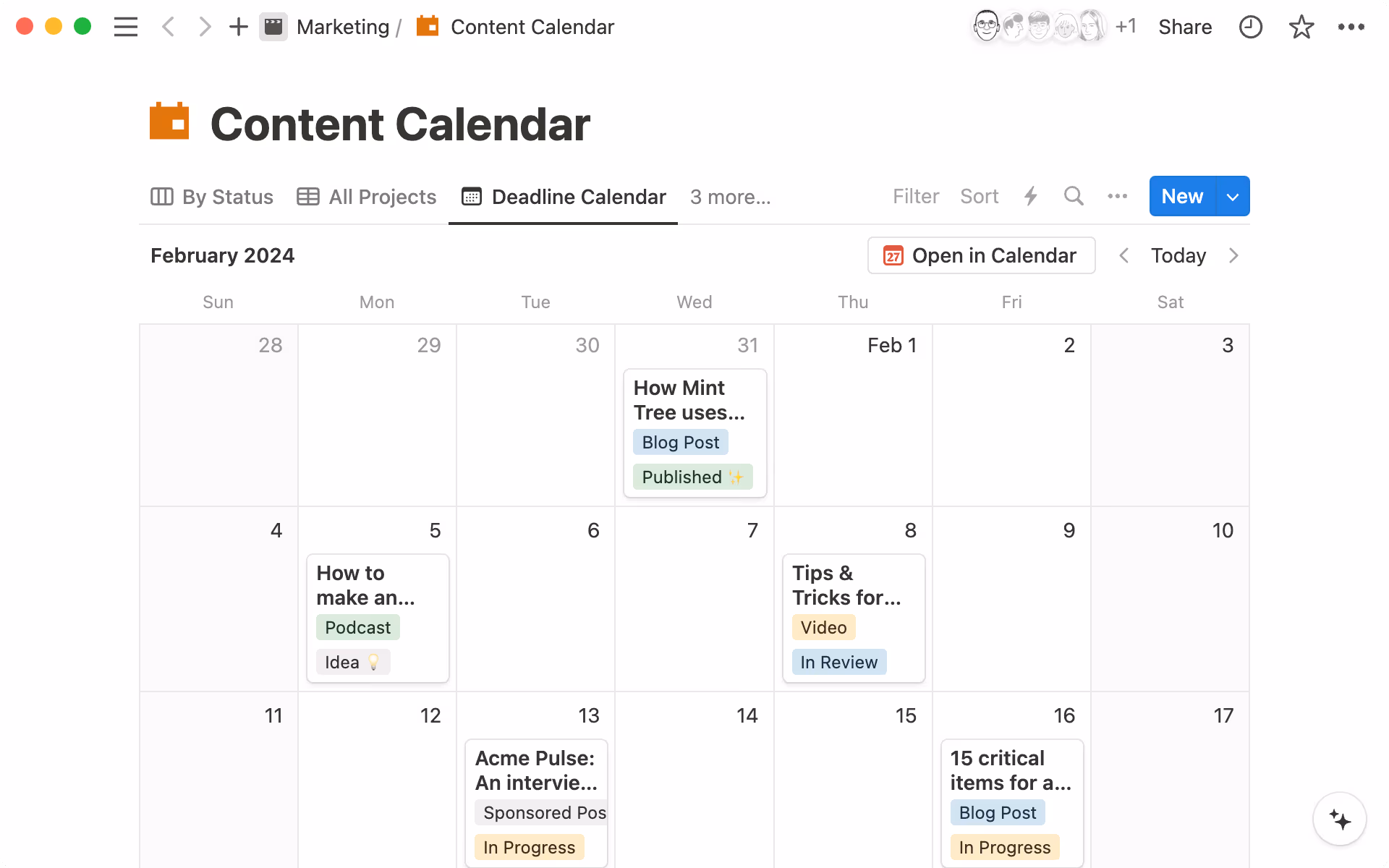 Create a content calendar in a Notion database and use different database views to track information. Here’s a calendar view of what’s published and what’s upcoming.