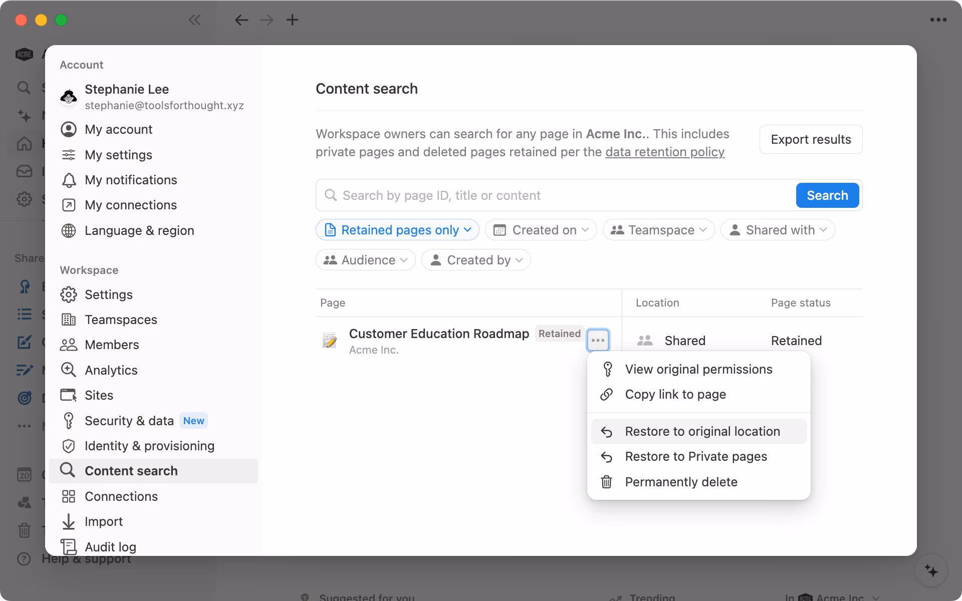 You can choose to restore deleted pages to their original location.