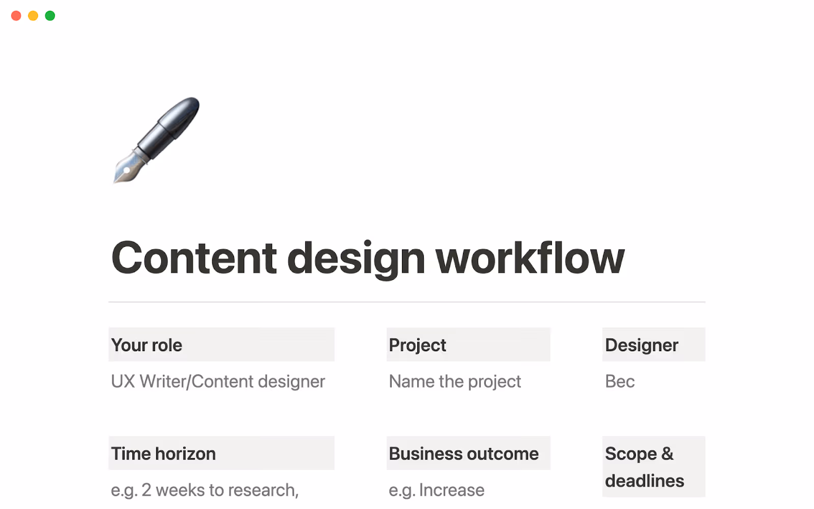 Content design workflow template