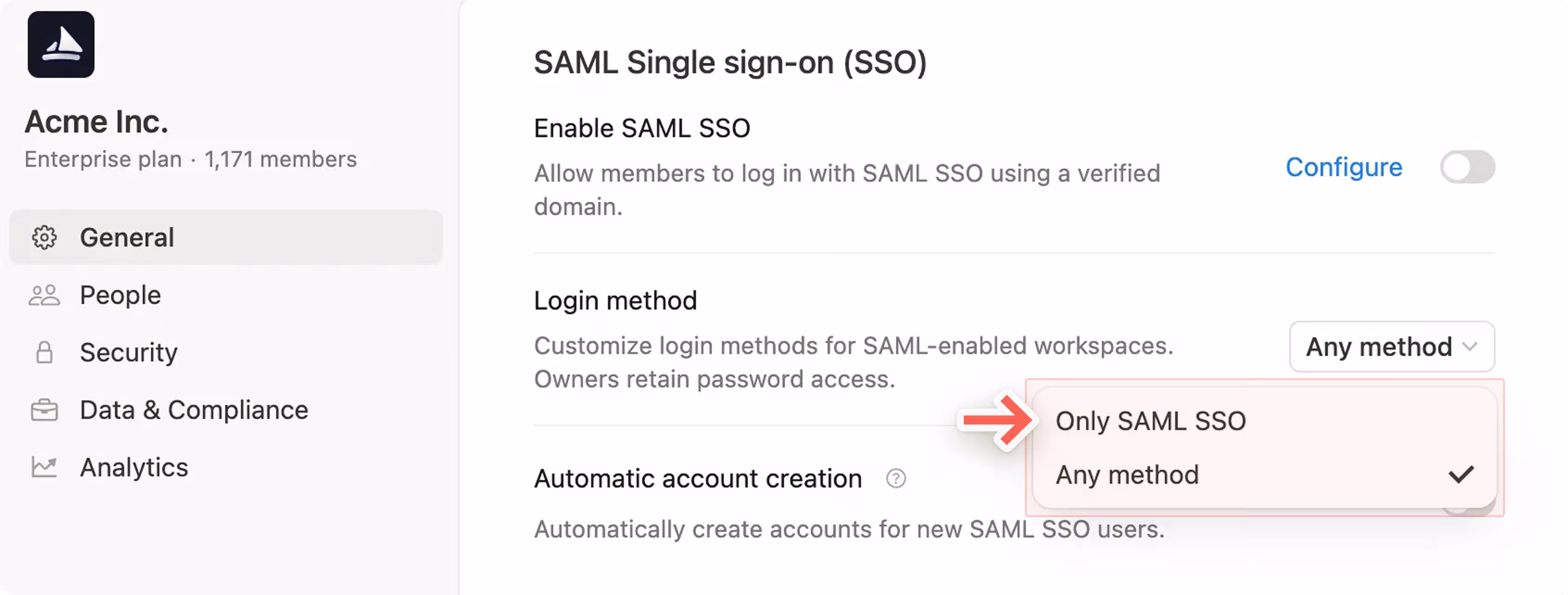 hc: saml sso enforcement org console